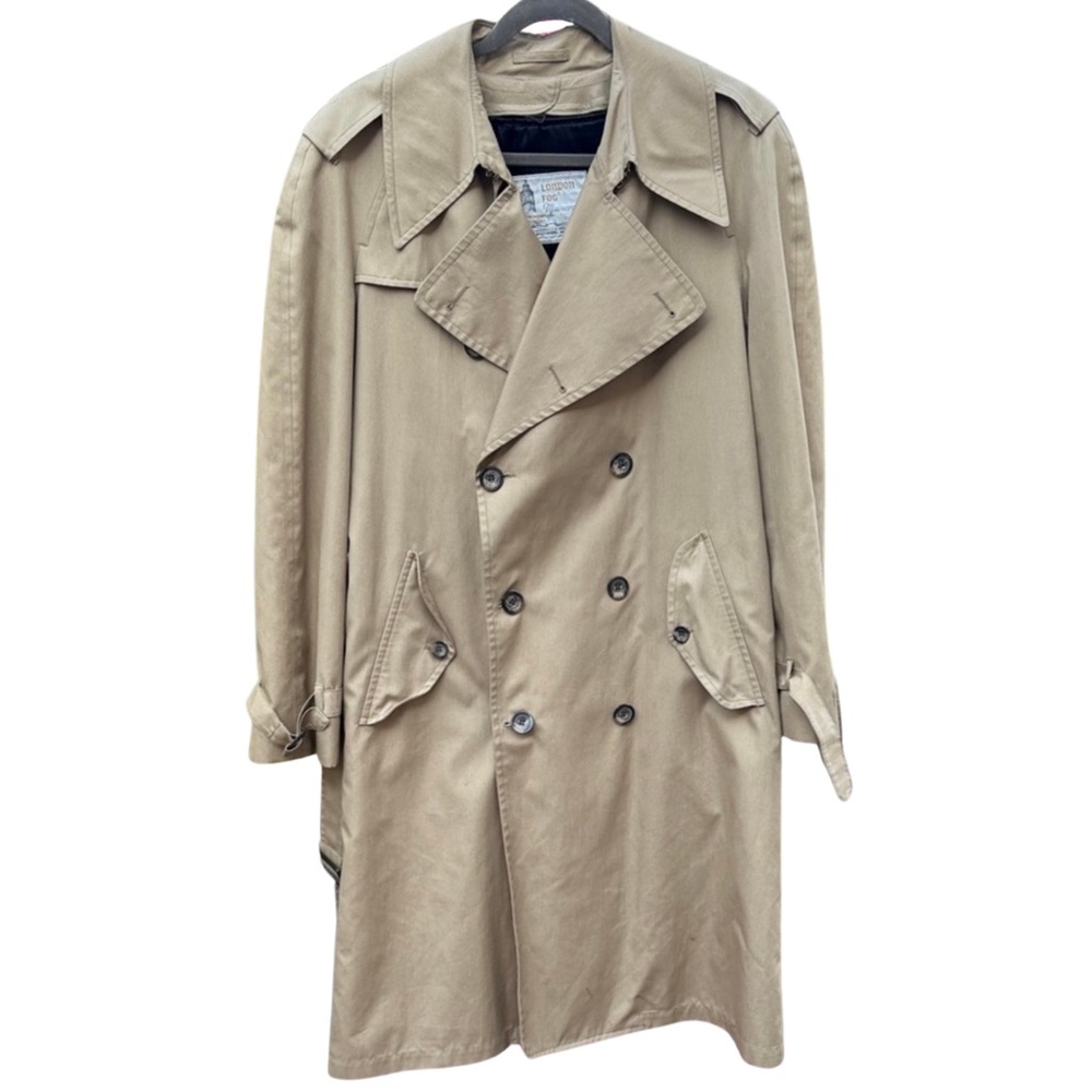 London Fog Vintage Khaki Double-Breasted Trench Coat Plaid Liner – Size 38R